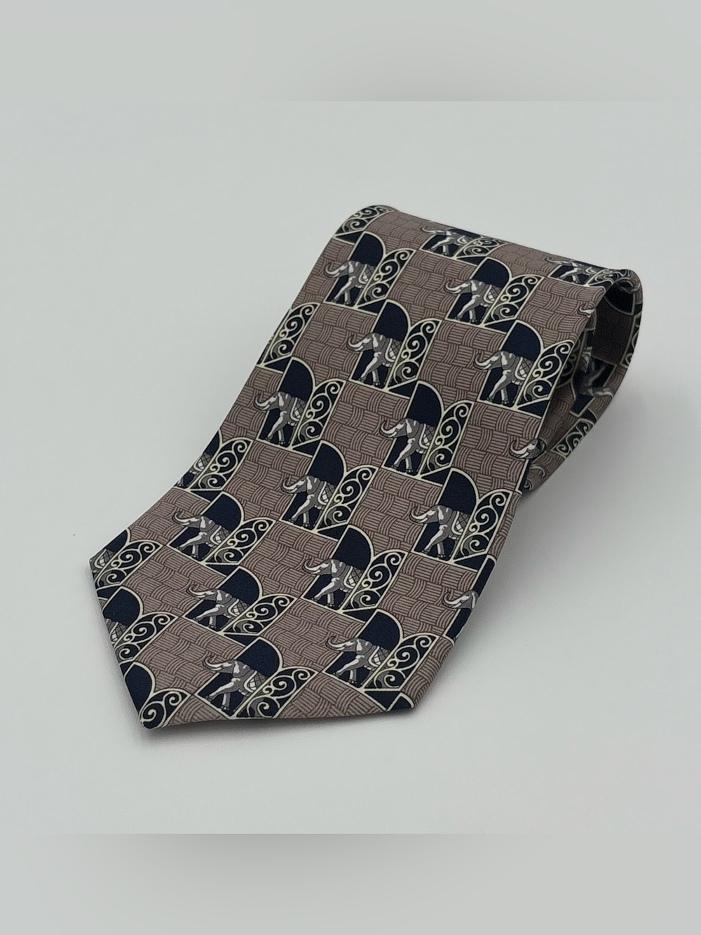 Vintage René Chagal Men's Tie Elephant Print Geometric Arch Navy 4" Wide 90s